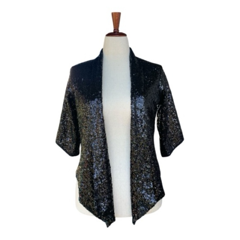 Living Doll Sparkly Black Sequin‎ Cardigan Jacket Blazer Open Front Size Medium